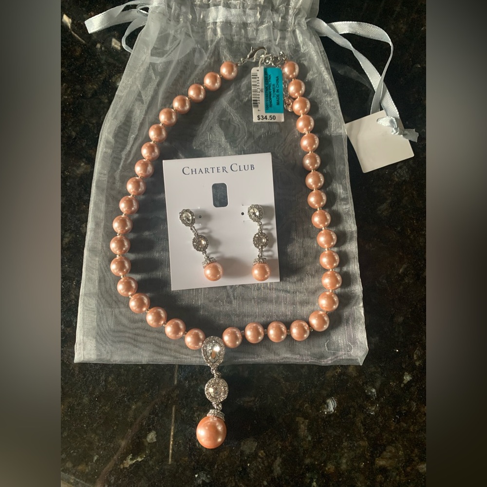 Charter Club Peach Pearl/Rhinestone Necklace Earring Set NWT